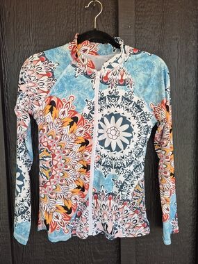 Beaschsissi Colorful Floral Mandala Zip-Up Rash Guard